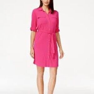 Calvin Klein Size 14 Belted Shirt Dress Coral Pink Office Casual Lace Up Neck